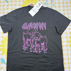 Ganni Charcoal Tee with Neon Pink Lamb Graphic
